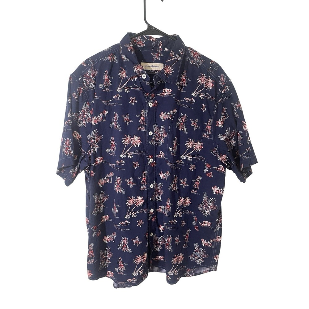 Tommy Bahama Men's XL Hula Girl Palm Tree Novelty Print Shirt Cotton Button Up